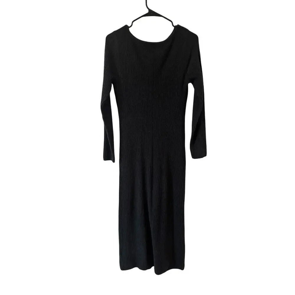Abercrombie & Fitch Wool Black Ribbed Button-Front Maxi Dress Size MP